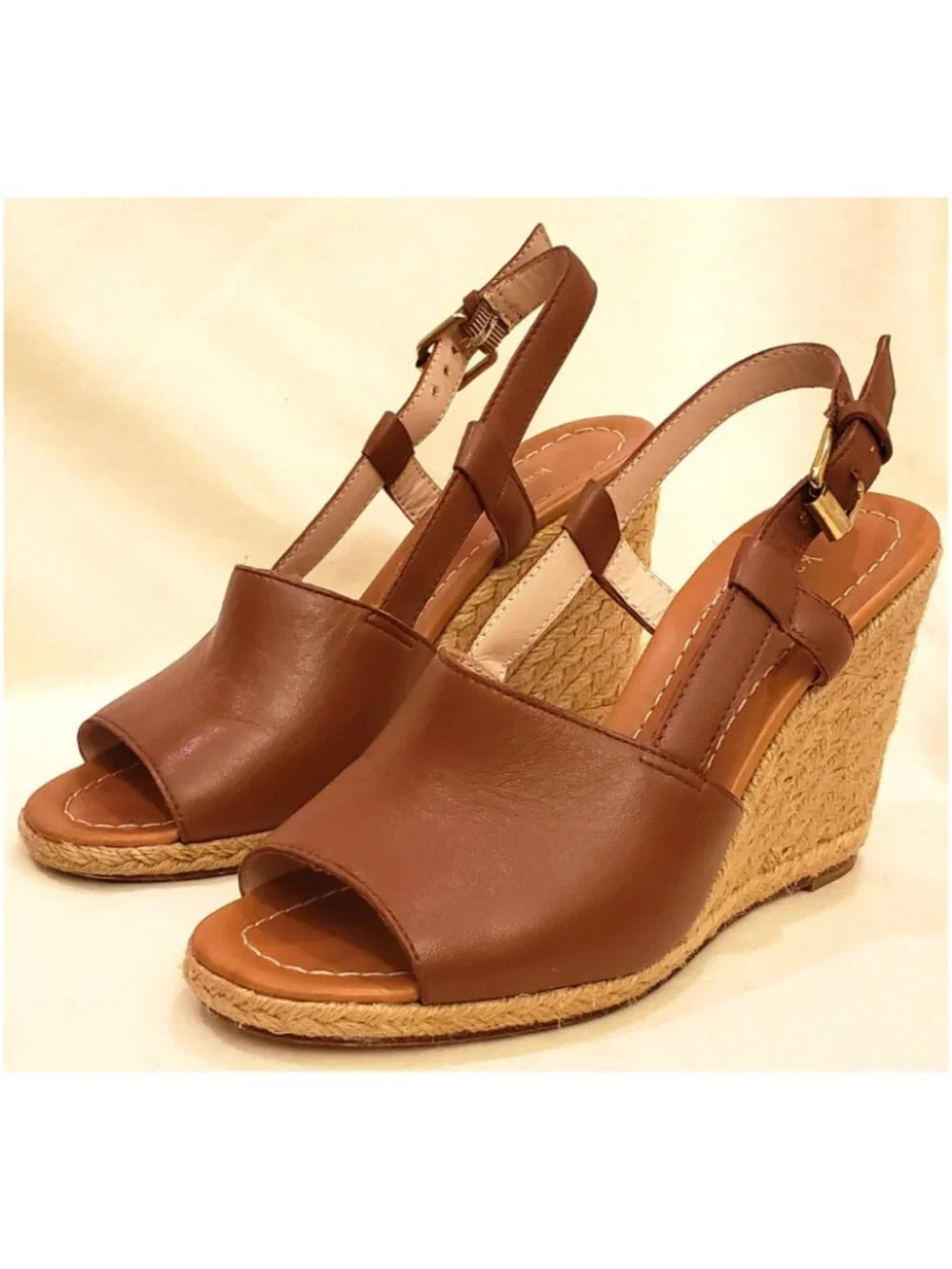Kate Spade New York Espadrille Wedge Sandals Size 7M Cognac/Brown Leather